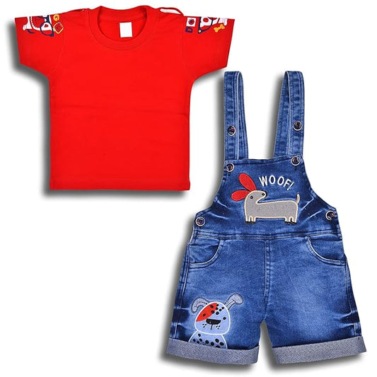 Boys Red and Blue Printed Dungaree Set