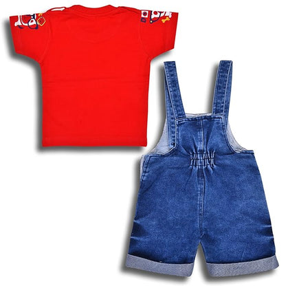Boys Red and Blue Printed Dungaree Set