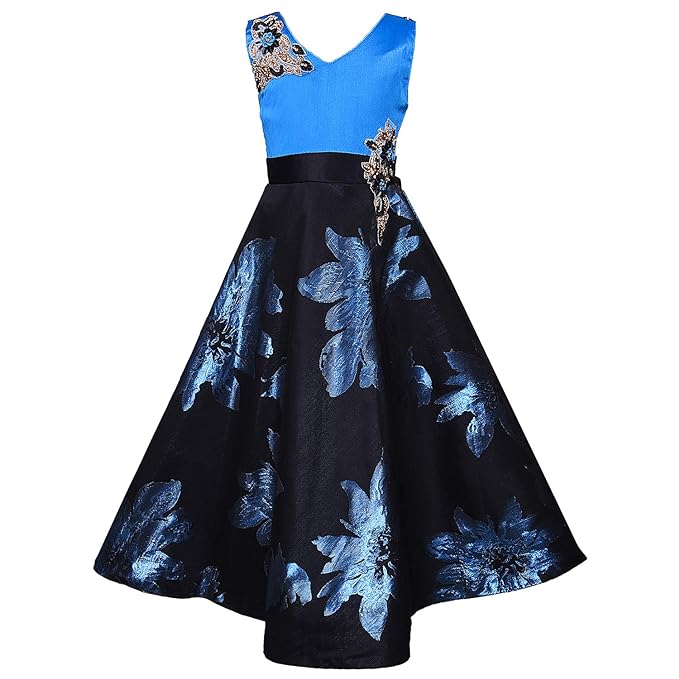 Girls Floral Printed Embellished Maxi Dress With Cape