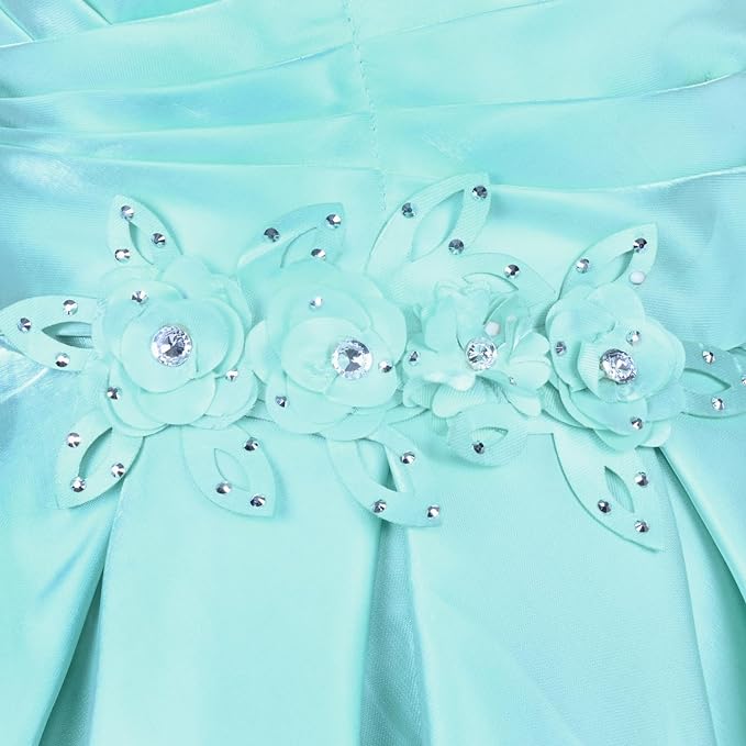 Girls Satin Embellished Flower Detailed Fit and Flare Dress
