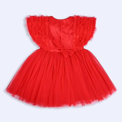 Girls Knee Length Net Sequin Print Frock Dress