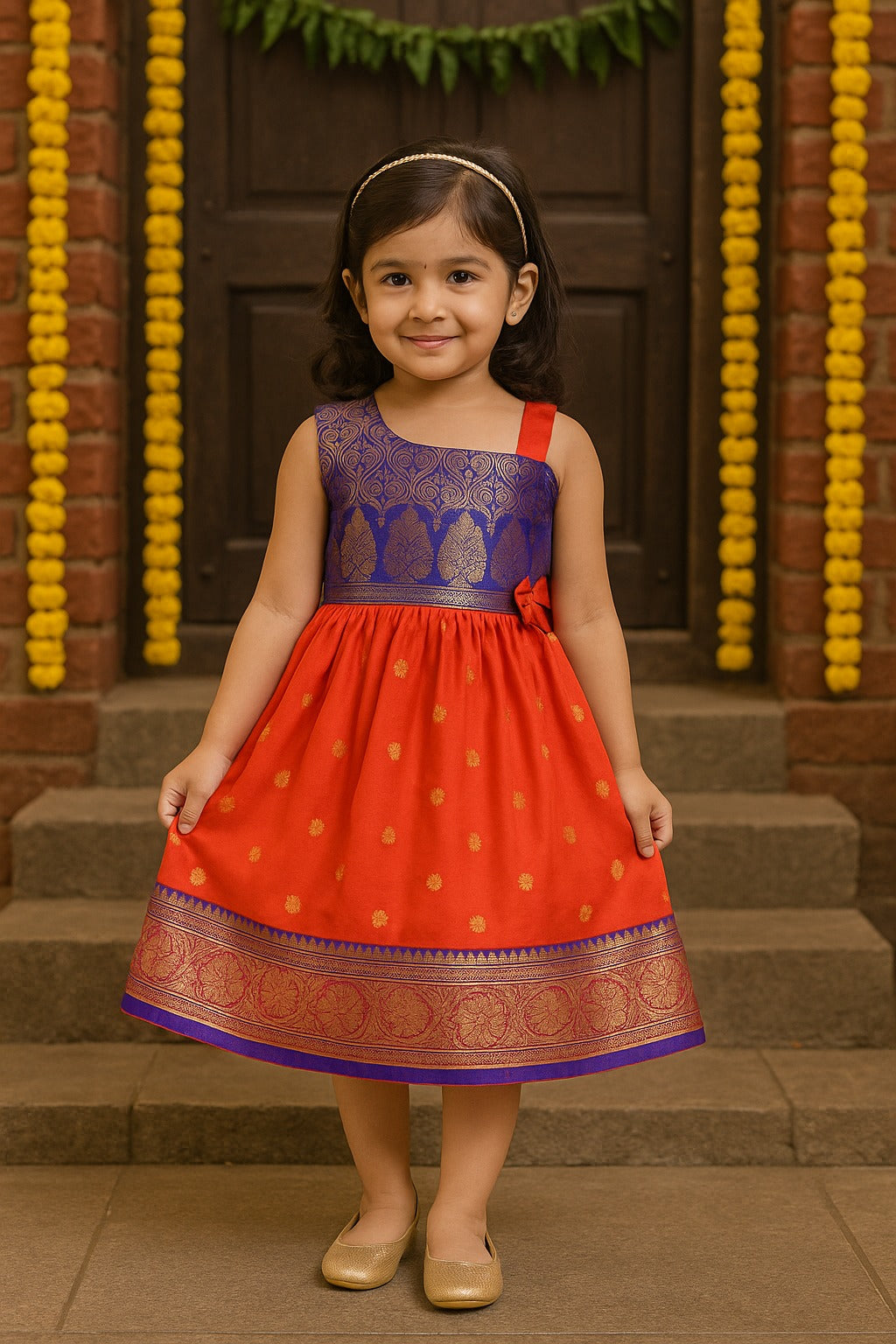 Girls Woven Zari One Shoulder Ethnic Dress