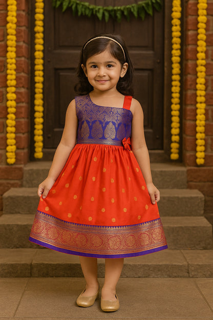 Girls Woven Zari One Shoulder Ethnic Dress