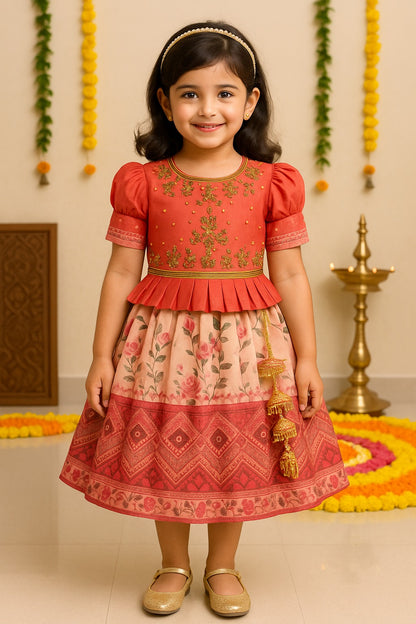 Girls Bead Embellished Printed Silk Ethnic Dress