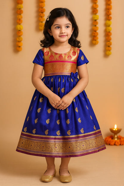 Girls Woven Zari Short Sleeve Round Neck Ethnic Dress