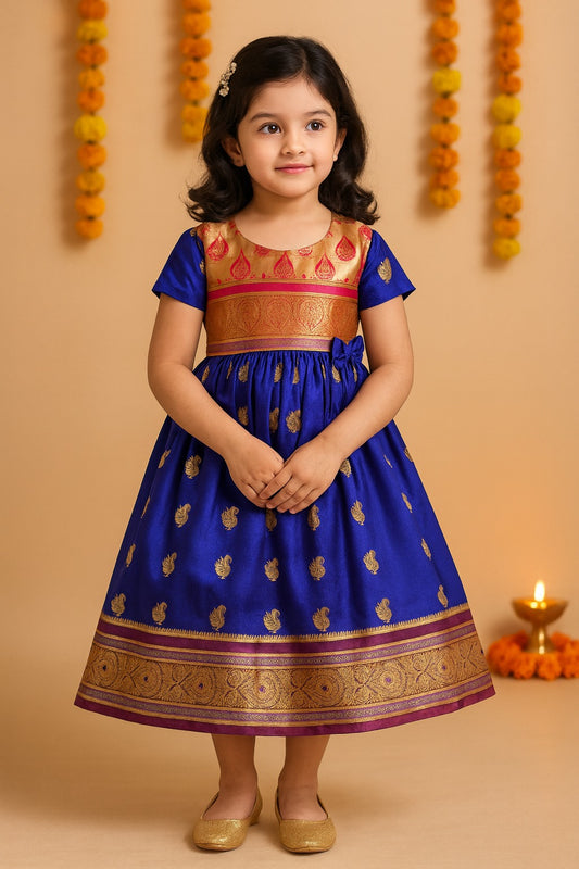 Girls Woven Zari Short Sleeve Round Neck Ethnic Dress