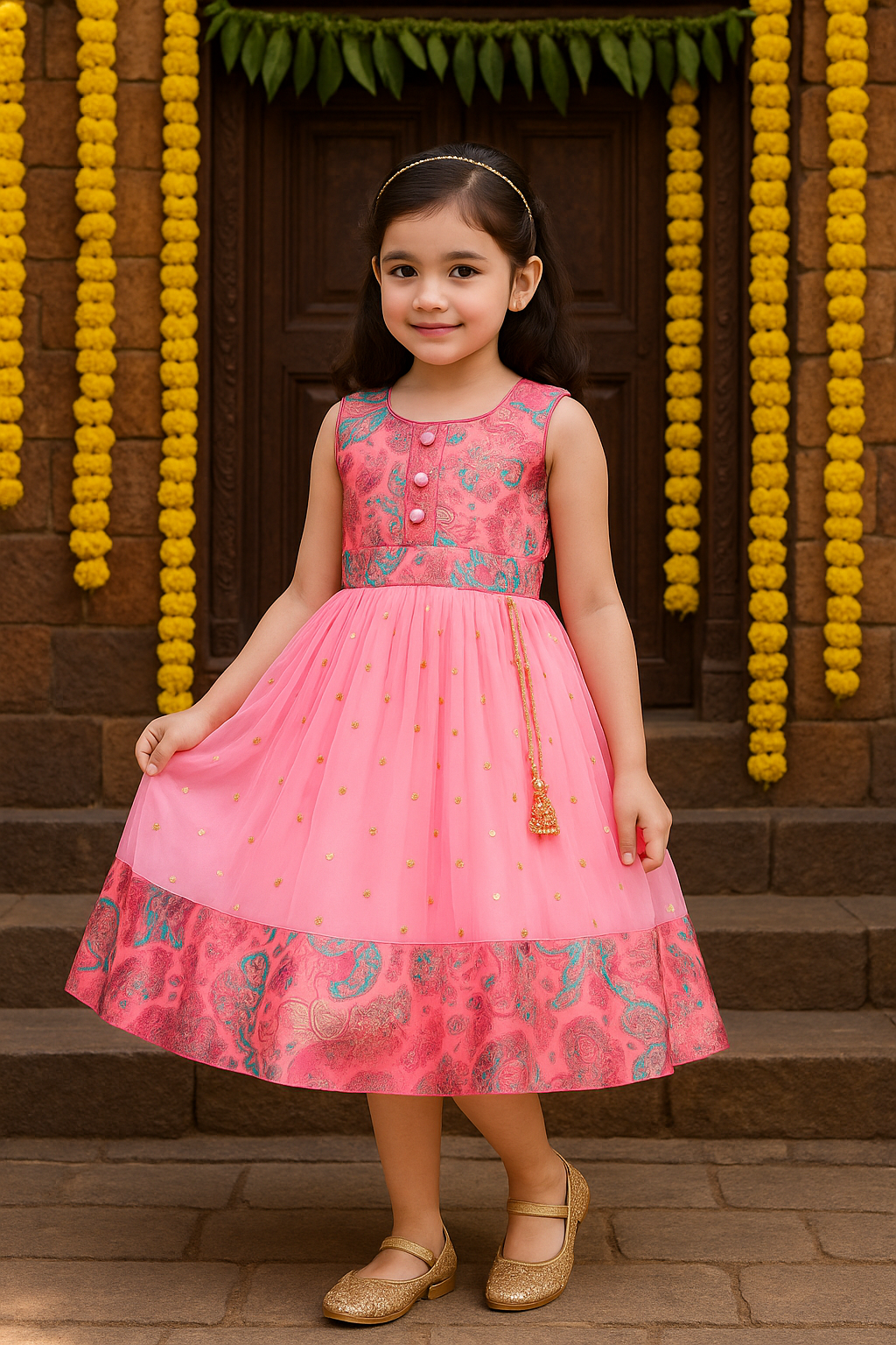 Girls Floral Zari Sequin Flared Dress