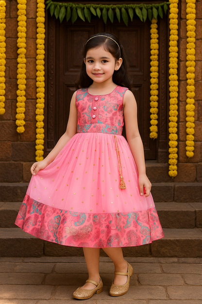 Girls Floral Zari Sequin Flared Dress
