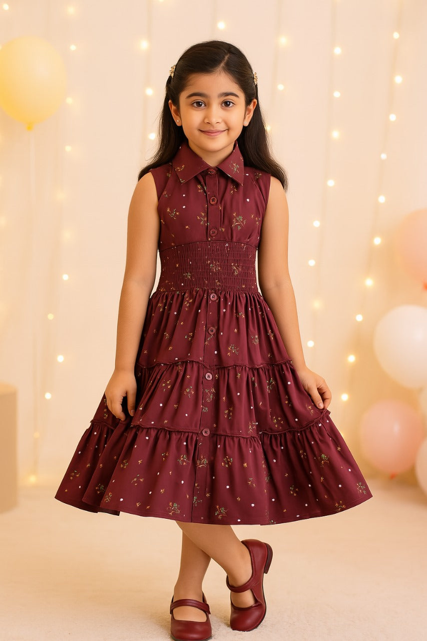 Girls Floral Printed Button Up Collar Summer Casual Dress