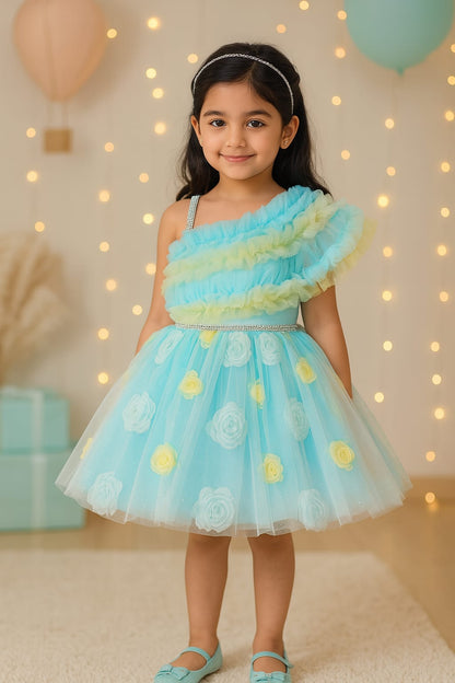 Girls Floral Net Detailing One Shoulder Dress