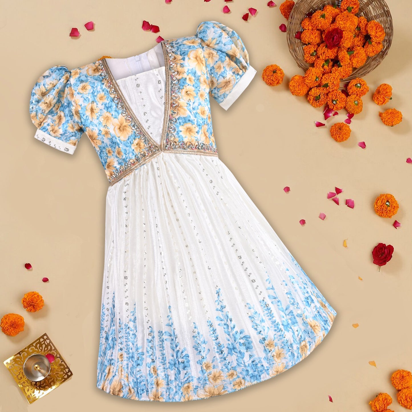 Baby Girls Floral Print Embellished Ethnic Frock Dress - Onam Special