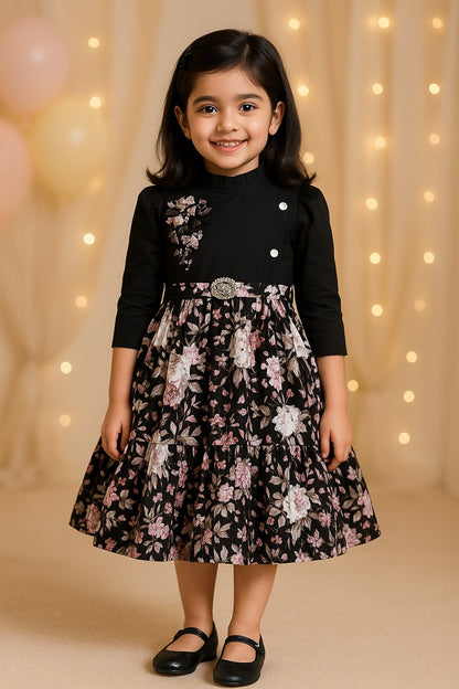 Girls Floral Print 3/4th Sleeve Fit and Flare Frock Dress