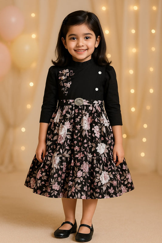 Girls Floral Print 3/4th Sleeve Fit and Flare Frock Dress