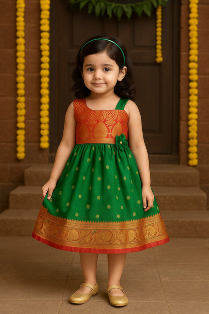 Girls Woven Zari One Shoulder Ethnic Dress