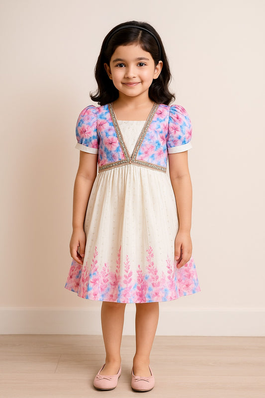 Baby Girls Floral Print Embellished Ethnic Frock Dress - Onam Special