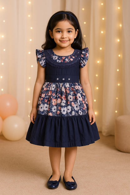 Girls Floral Print Casual Dress with Ruffled Hem