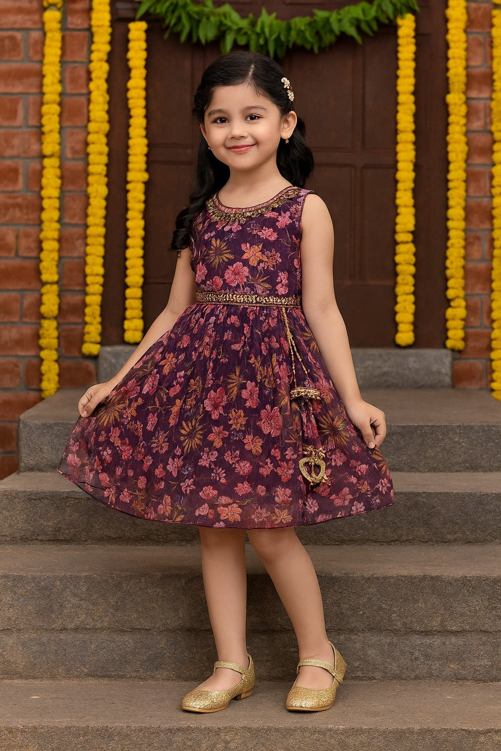 Girls Floral Chiffon Summer Dress with Mirror Work Festive Wear
