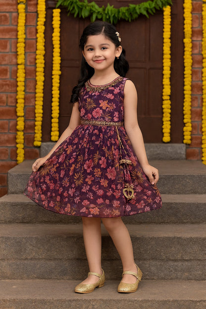 Girls Floral Chiffon Summer Dress with Mirror Work Festive Wear