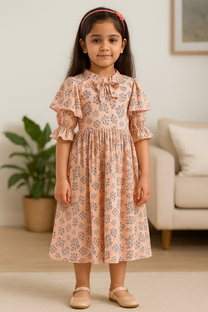 Girls Floral Applique Printed Flared Casual Dress