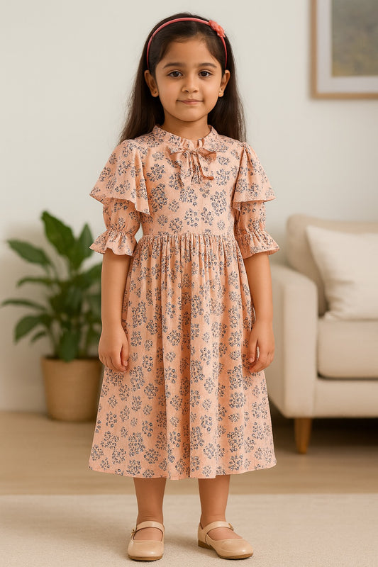 Girls Floral Applique Printed Flared Casual Dress