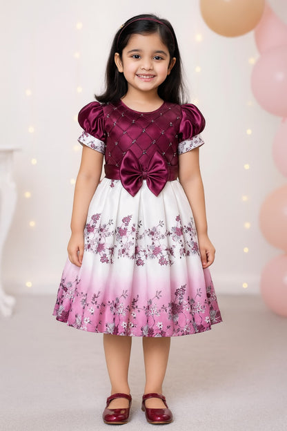 Girls Floral Embellished Bow Detail Pleated Satin Dress