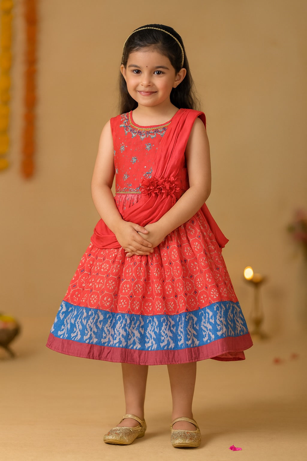 Girls Patola Print Sequin Embroidered Sleeveless Ethnic Dress