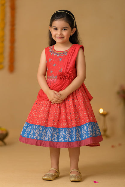 Girls Patola Print Sequin Embroidered Sleeveless Ethnic Dress