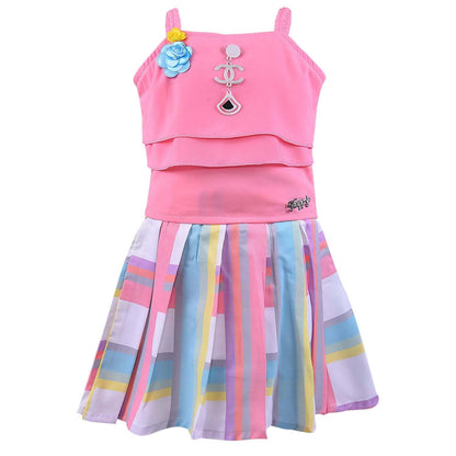 Girls Sage Green Layered Top & Striped Skirt Set