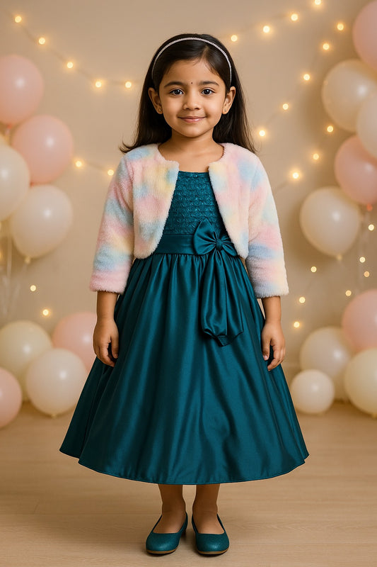 Girls Solid Asymmetric Neck Fit and Flare Frock Dress