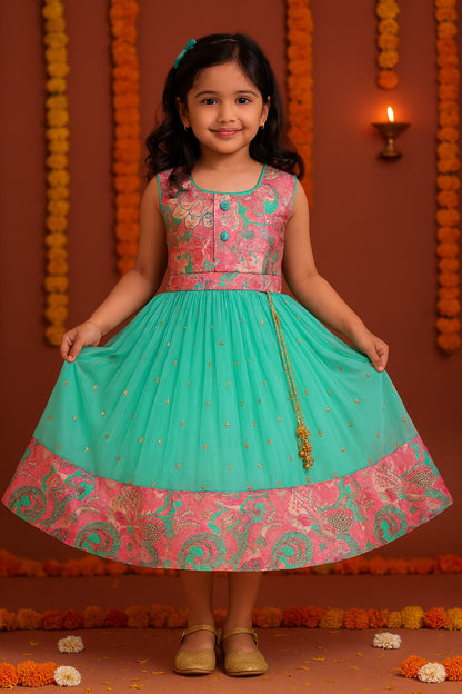 Girls Floral Design Sequin Flared Dress