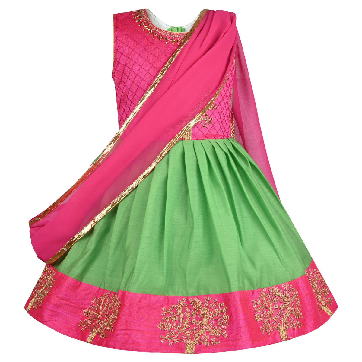 Girl's Ethnic Lehenga Choli Dress with Dupatta – Pink & Green Traditional dress