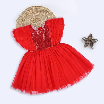 Girls Knee Length Net Sequin Print Frock Dress