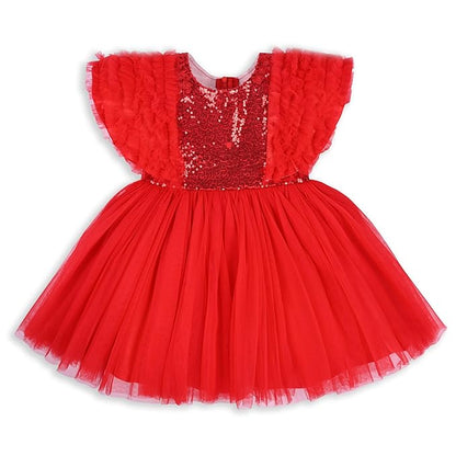 Girls Knee Length Net Sequin Print Frock Dress