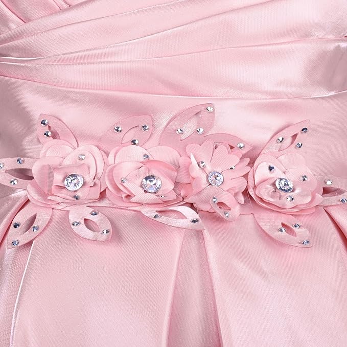 Girls Satin Embellished Flower Detailed Fit and Flare Dress
