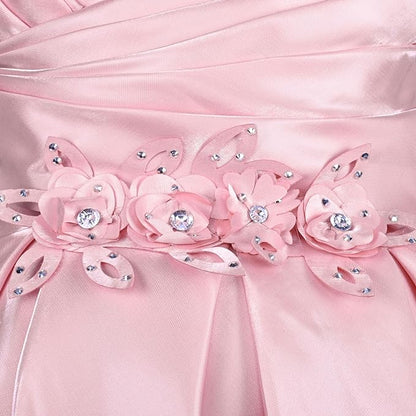 Girls Satin Embellished Flower Detailed Fit and Flare Dress
