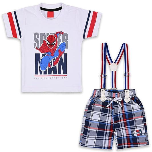 Boys Spiderman Printed Cotton Dungaree Set