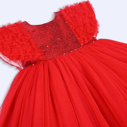 Girls Knee Length Net Sequin Print Frock Dress