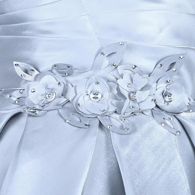 Girls Satin Embellished Flower Detailed Fit and Flare Dress