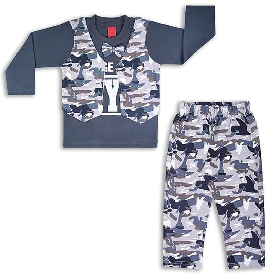 Boys Shirt with Attached camouflage Printed Waistcoat and Pant
