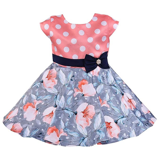 Girls Floral Printed A-line Summer Dress with Polka Dots