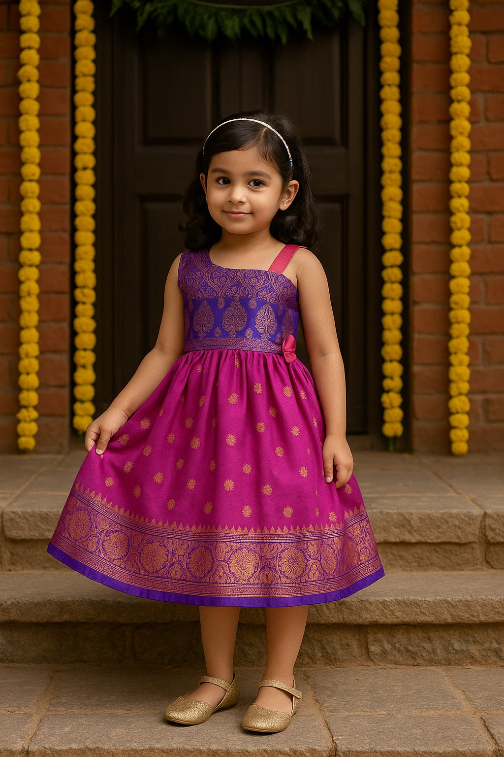 Girls Woven Zari One Shoulder Ethnic Dress