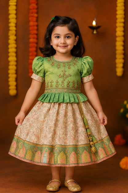 Girls Floral Art Silk with Puff Sleeves & Bead Work Festive Dress