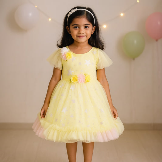 Girls Knee Length Net Floral Party Dress