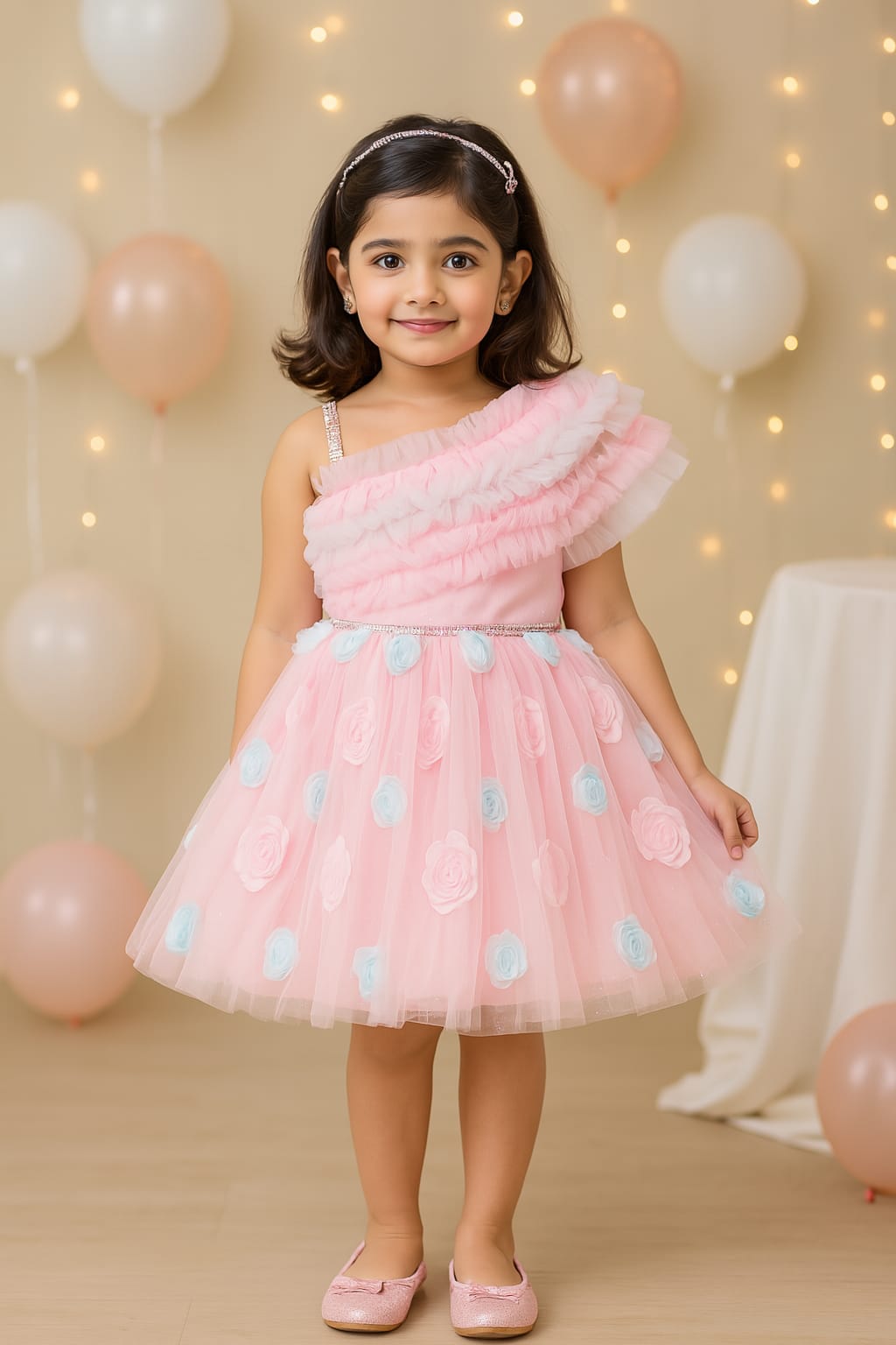 Girls Floral Net Detailing One Shoulder Dress