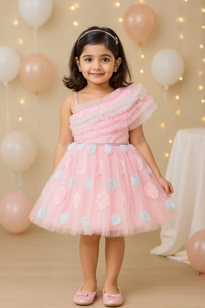 Girls Floral Net Detailing One Shoulder Dress