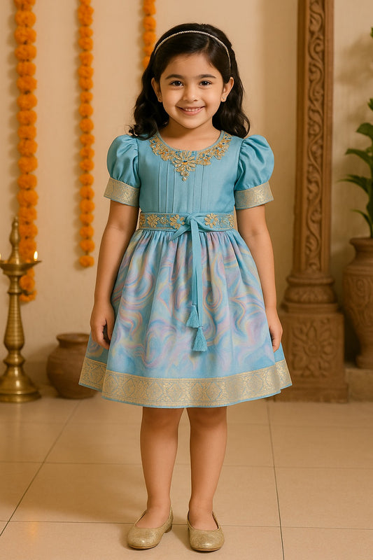 Girls Floral Bead Embellished Puff Sleeve Ethnic Dress