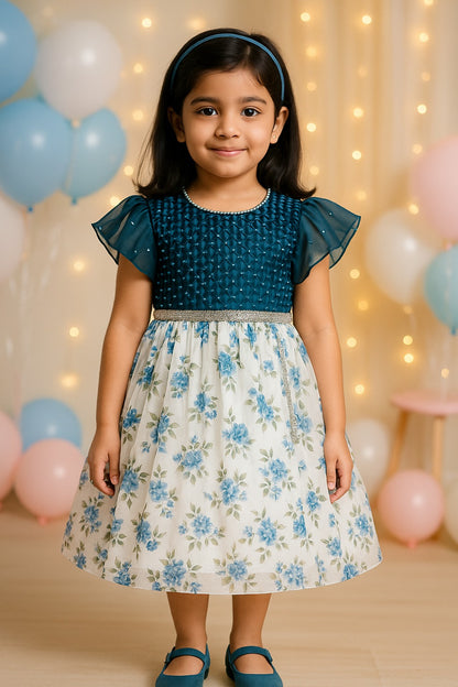 Girls Floral Print Flared Sleeve Fit and Flare Frock Dress