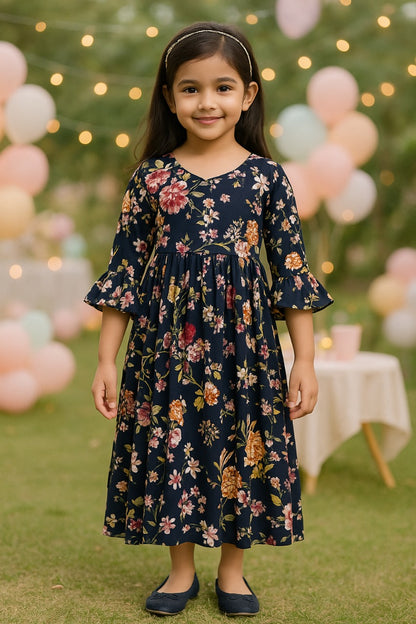 Girls Bell Sleeve Floral Print Fit and Flare Frock Dress