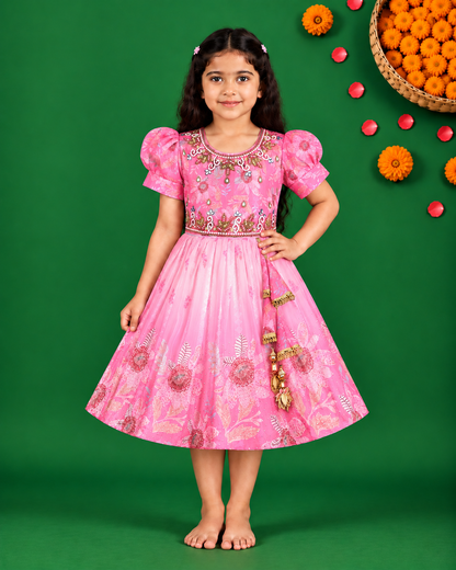 Girls Satin Party Wear Frock with Puff Sleeves & Floral Embroidery Knee Length