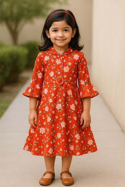 Girls Bell Sleeve Floral Print Fit and Flare Frock Dress